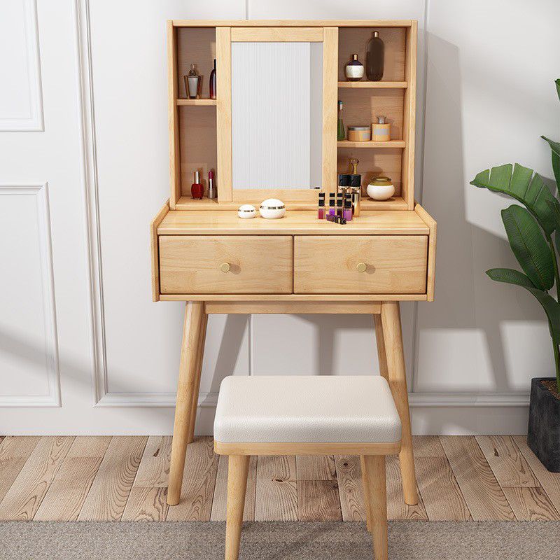 Wood Vanity and Stool 2 Drawers Mirrored Dressing Table for Bedroom