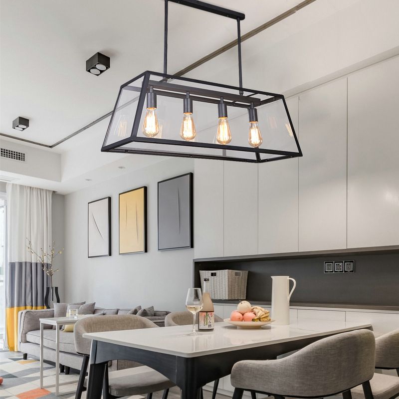 Vintage Industrial Trapezoid Island Chandelier Lights Clear Glass Pendant Lighting for Living Room