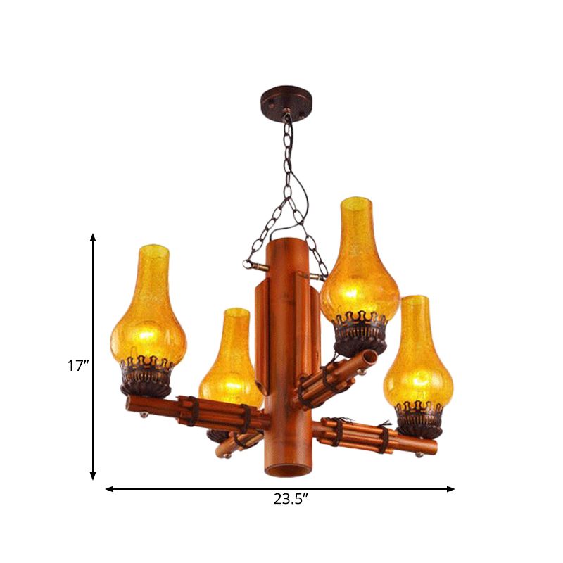 Brown 4 Heads Chandelier Light Farmhouse Yellow Crackle Glass Vase Shade Ceiling Pendant with Bamboo Arm Design
