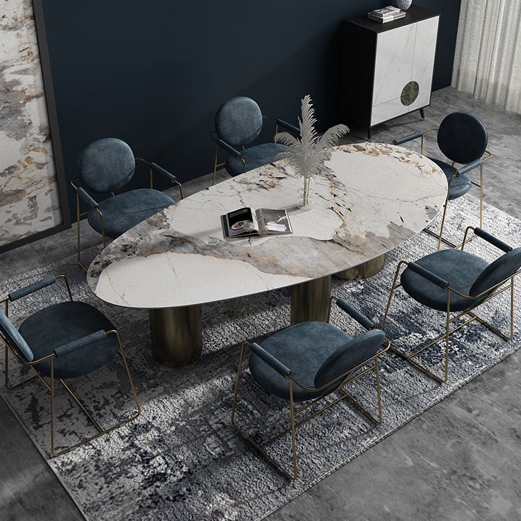 Oval Traditional Luxury Dining Table White Sintered Stone Table with 3 Gold Legs
