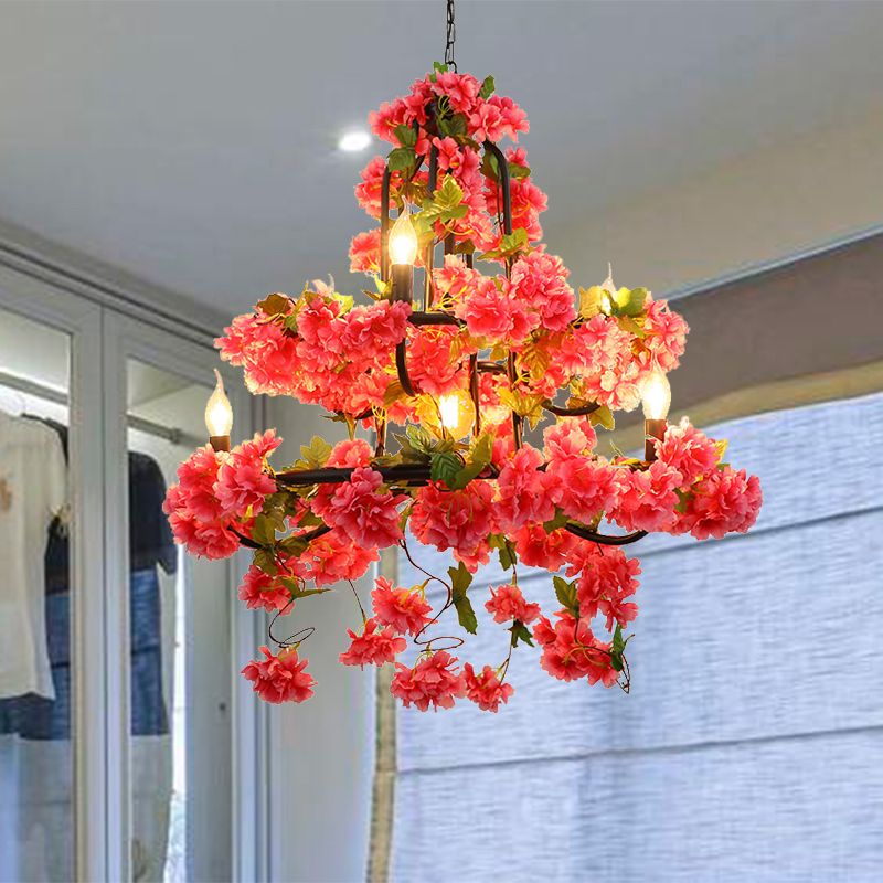 Cherry Blossom Restaurant Chandelier Lighting Vintage Metal 7 Lights Rose Red LED Suspension Lamp