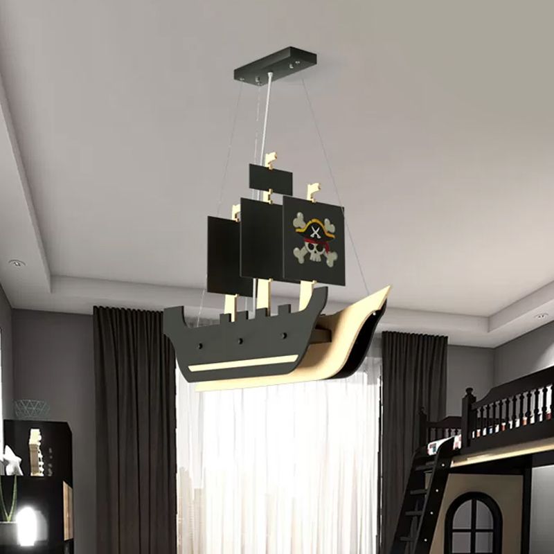 Metallic Pirate Ship Chandelier Light Cartoon LED Grey Hanging Pendant Lamp in Warm/White Light