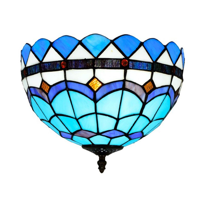 Blue 2/3 Bulbs Ceiling Mount Light Fixture Mediterranean Hand Rolled Art Glass Bowl Flush Mount Lighting, 12"/16" W