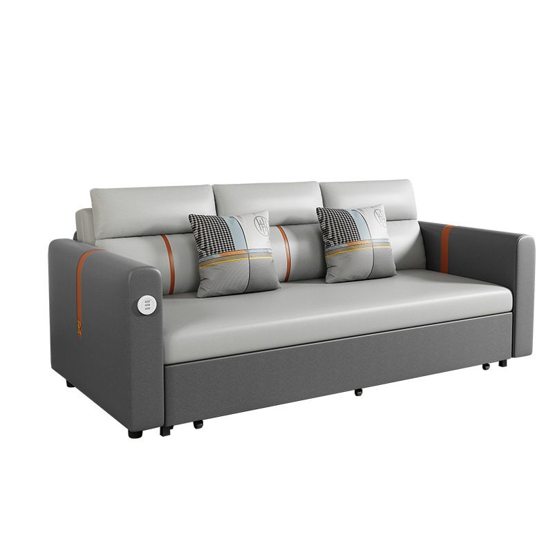 Faux Leather Sofa Convertible Sofa Bed with Square Arm in Grey