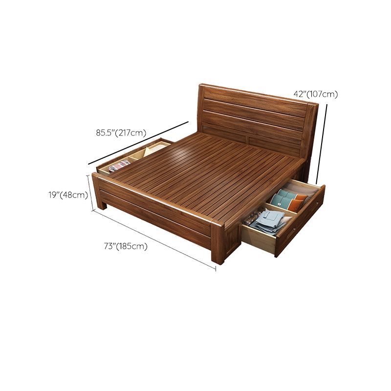 Walnut Solid Color Panel Bed Mid-Century Modern Standard Bed with Headboard