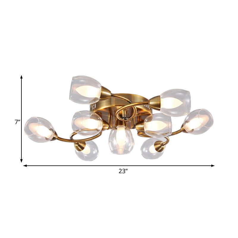 Abriseur en verre transparent contemporain Metal Semi Flush Plafond Light 10 lumières Gold Bedroom Plafond monté Aménagement