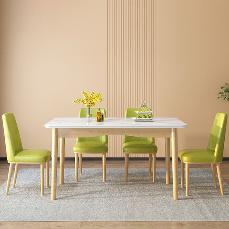 Modern White Rectangular Stone Dining Table with 4 Wooden Foot