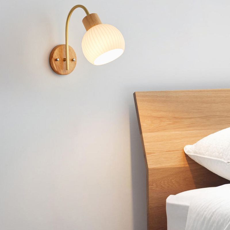 Single Modernism Beige Wall Mounted Sconce Shaded Wall Light with Wood