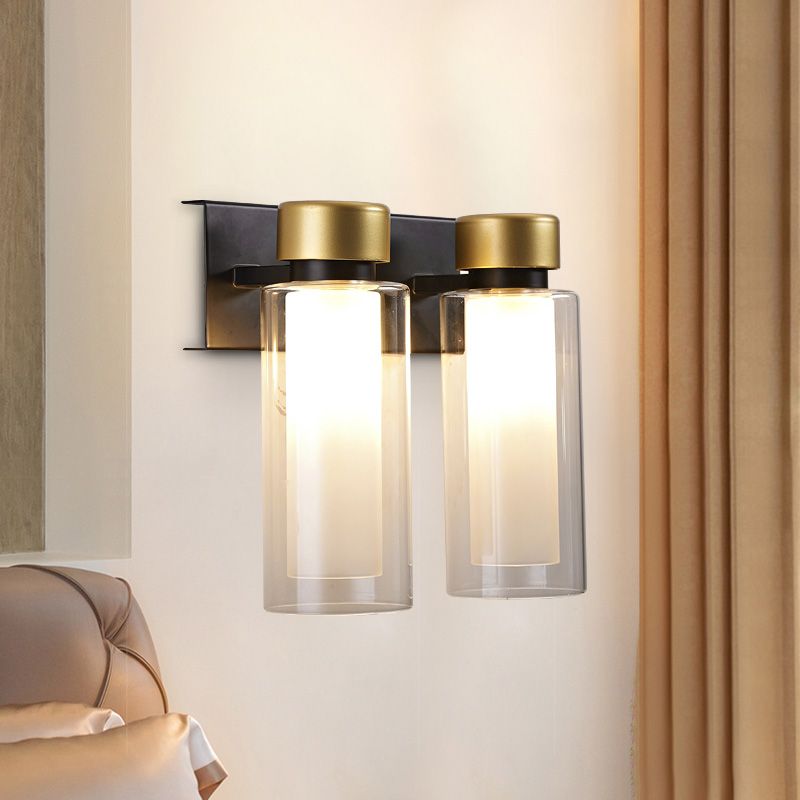 Brass Dual Cylinder Sconce Light Fixture Post-Modern 2 Bulbs Clear Glass LED Wall Mount Lamp