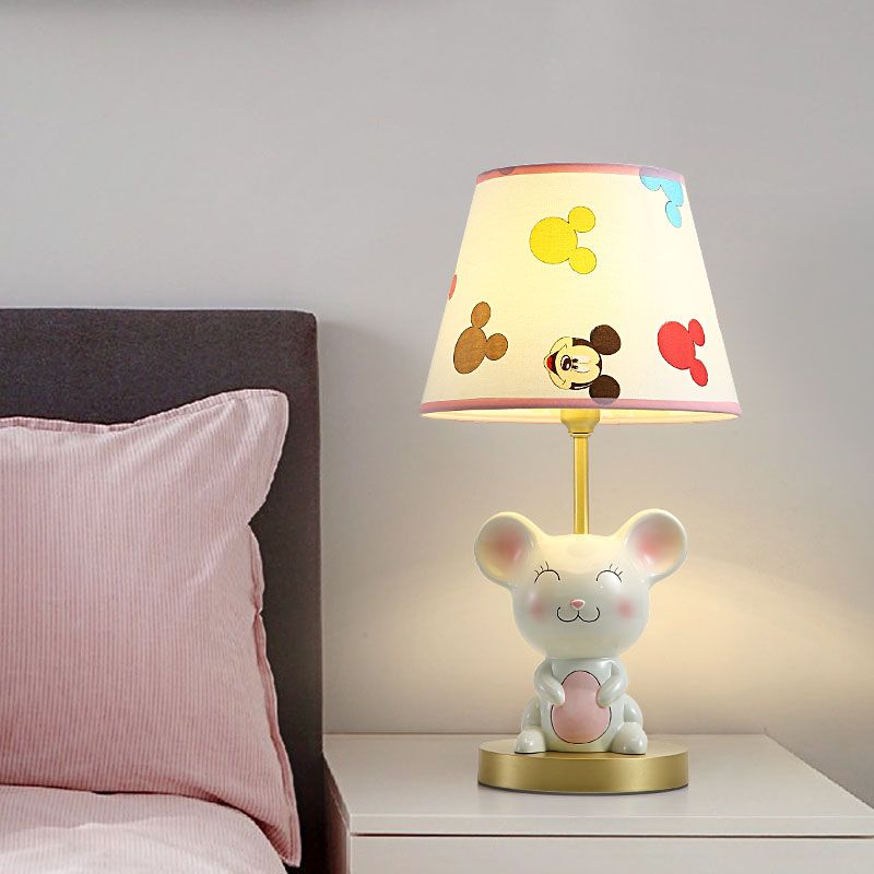 Kids Smiling Mouse Night Lamp Resin 1 Bulb Child Room Table Light with Fabric Shade in Pink/Blue