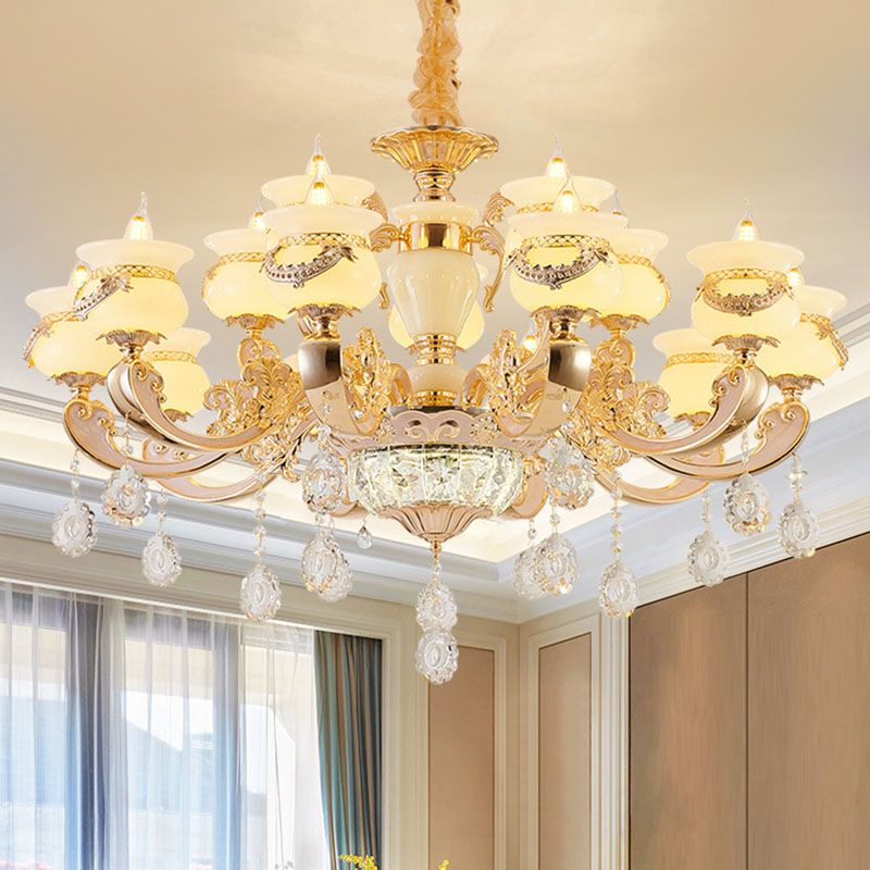 Gold Candle Pendant Chandelier Country Jade Living Room Hanging Lighting with Crystal Accent