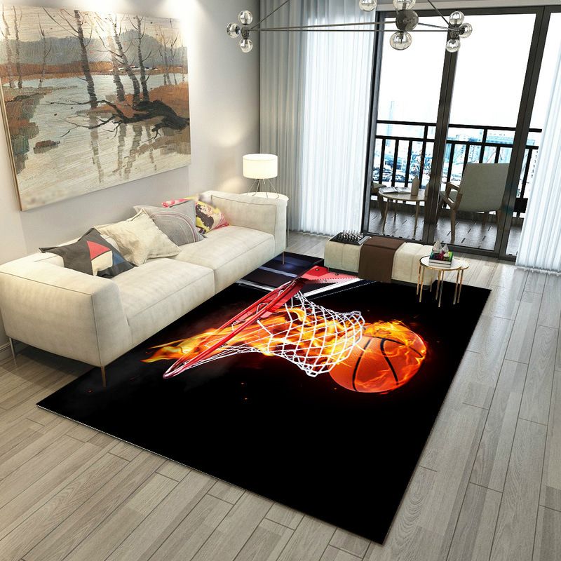 Black Trendy Rug Polyester Basketball Rug Washable Rug for Home Decor