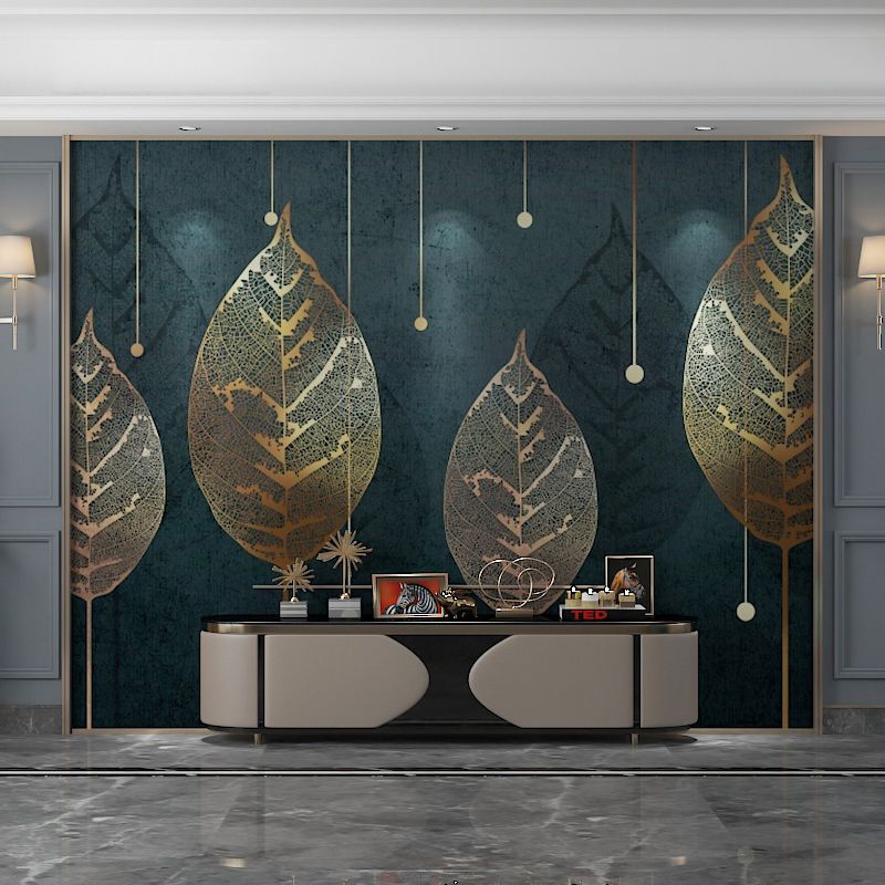 Leaf Wall Covering Living Room Personalized Mural Wallpaper in Blackish Green