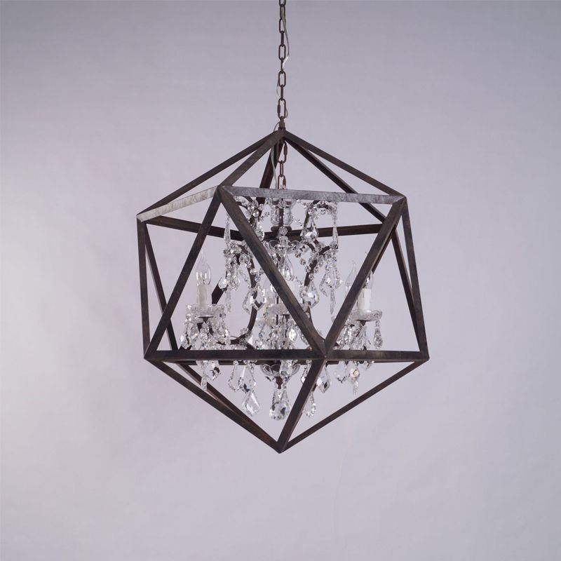 6 Bulbs Geometric Chandelier Light Traditional Rust Metal Hanging Ceiling Fixture with Clear Crystal Drop