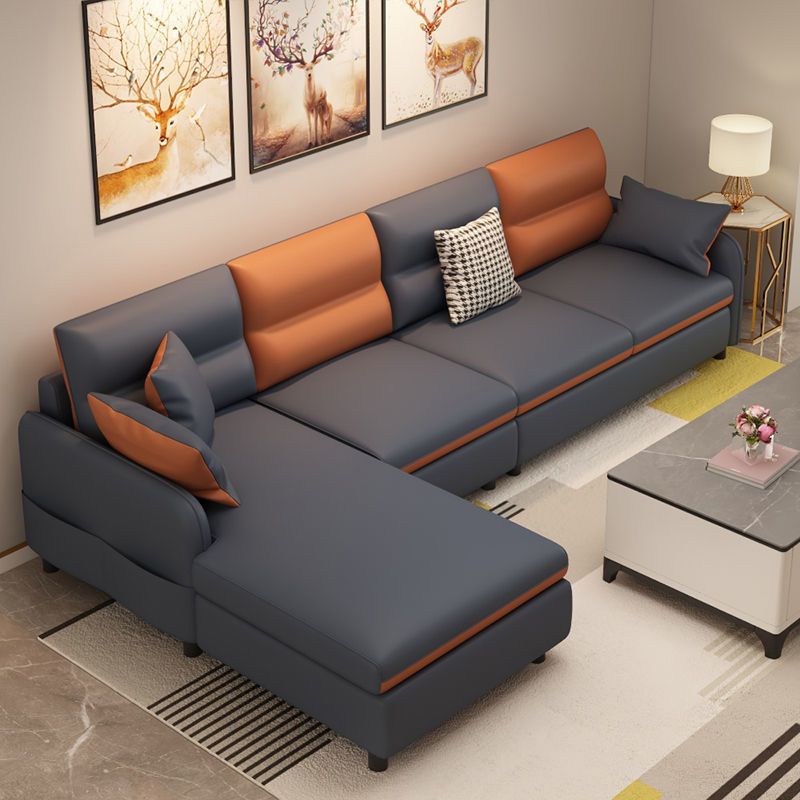 Vintage 4-seat Faux Leather Sofa & Chaise Square Arm Sewn Pillow Back Sofa