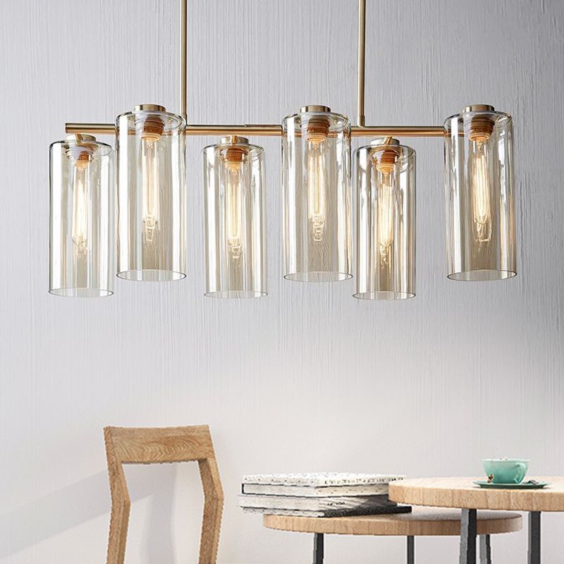 6 Bulbs Dining Room Island Light Modern Champagne Pendant Lighting Fixture with Cylindrical Cognac Glass Shade