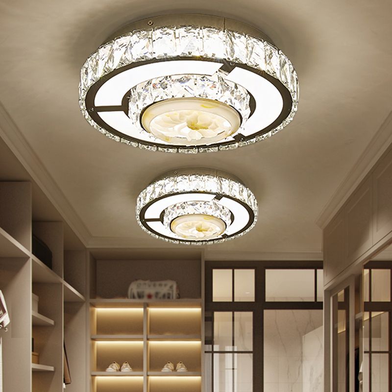 Modern Round/Square Flush Mount Light Faceted Crystal LED Nickel Ceiling Lighting with Floral Design