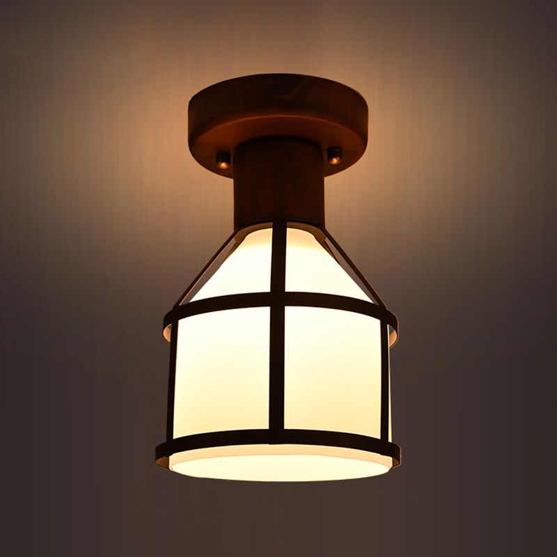 Braune 1-Licht-Unterputzlampe, gewölbte Deckenleuchte aus Opalglas im Landhausstil mit Käfig