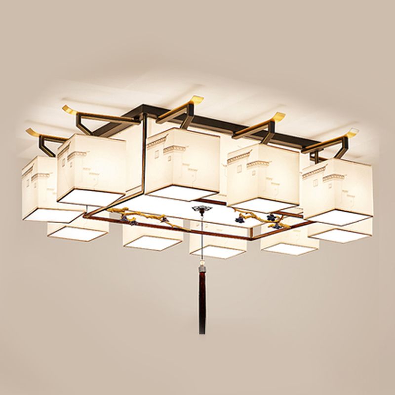 Multi-head Chinese Style Fabric Flush Mount Light Fixture for Living Room Dinning Room