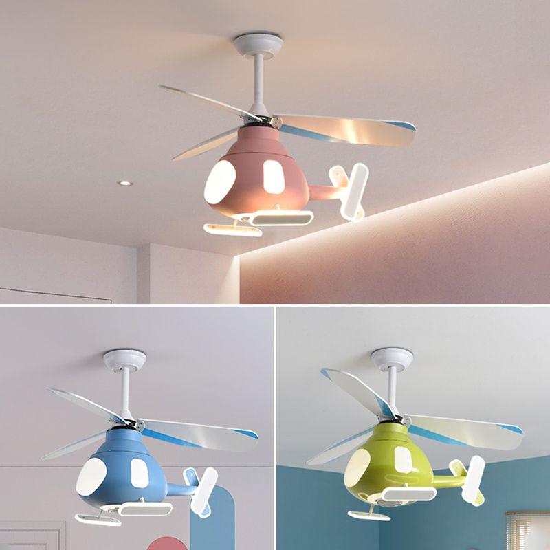 Metal Airplane Shaped Pendant Fan Lamp Cartoon LED Semi Flush Light for Kids Room