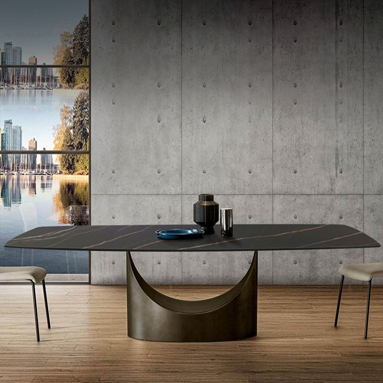 Metal Traditional Luxury Rectangle Dining Table Black Sintered Stone Indoor Table with Pedestal