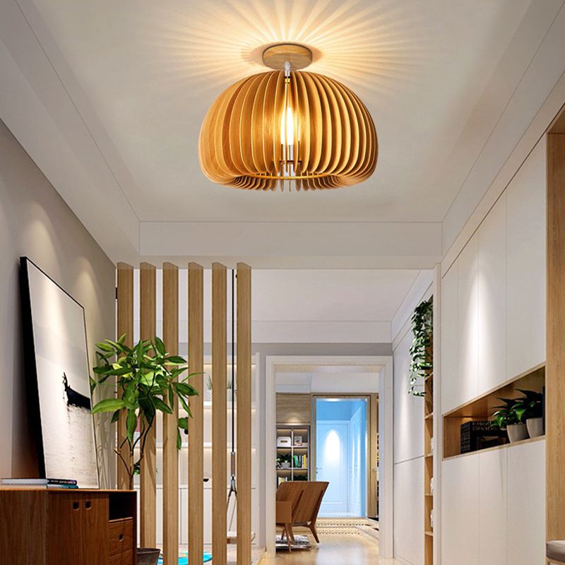 Modern Ceiling Light 1-Light Ceiling Mount Light with Wooden Shade for Bedroom