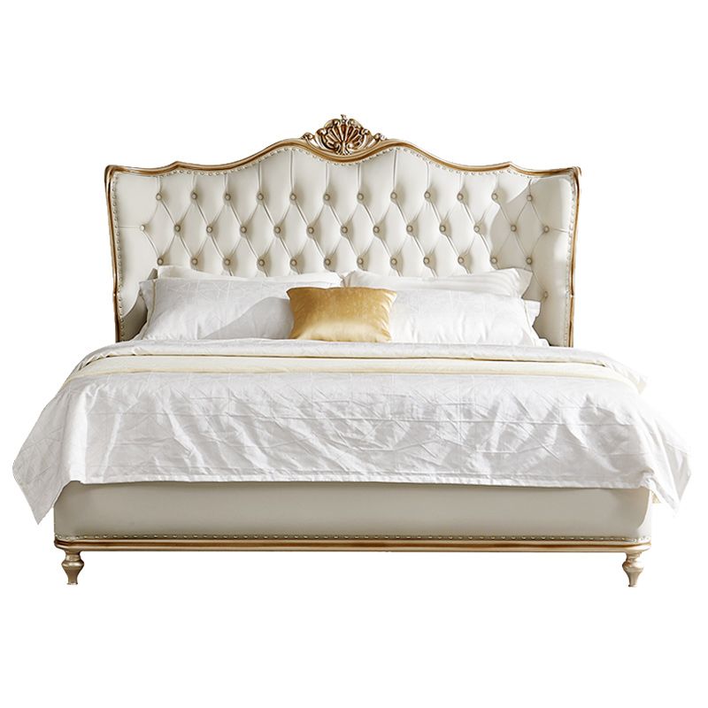 Contemporary White Bed with Upholstered Headboard in Victorian Style Leather Wood