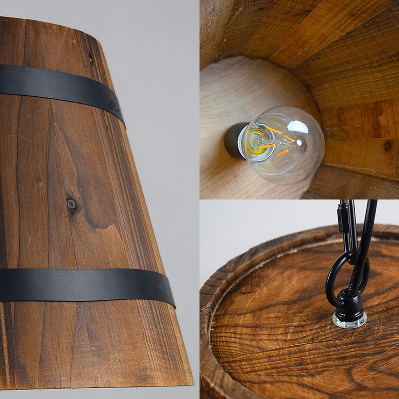 Wood Bucket Hanging Light Single Head Retro Suspension Lamp in Brown for Restaurant