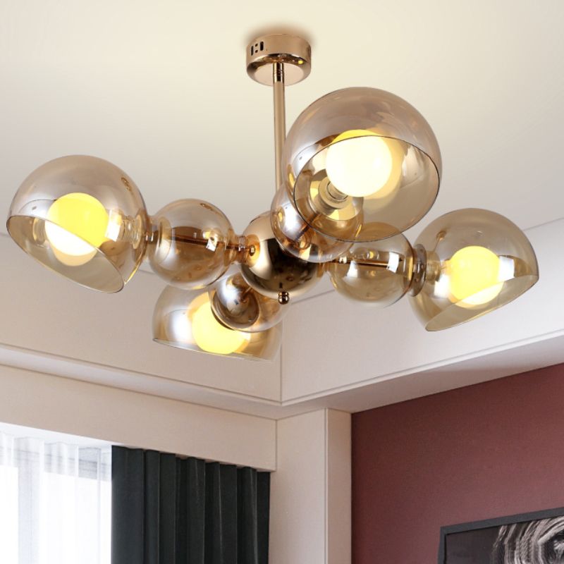4/6 Lights Bedroom Semi Mount Lighting Brass Ceiling Light Fixture with Bowl Amber Glass Shade