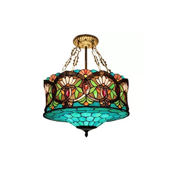 Living Room Ceiling Light LED, Stained Glass Drum Lighting Baroque Style, 18" W