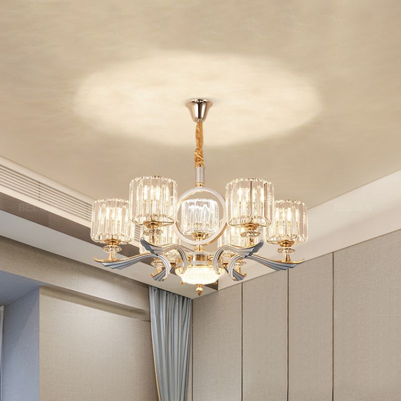 Crystal Block Cylinder Suspension Light Contemporary 6/8-Head Dining Room Chandelier in Silver