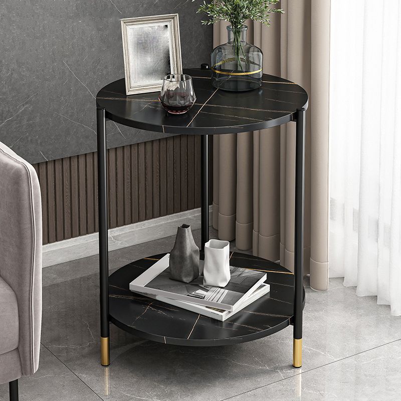 Contemporary Stone Top Side End Table Round Metal Frame Sofa Side Table