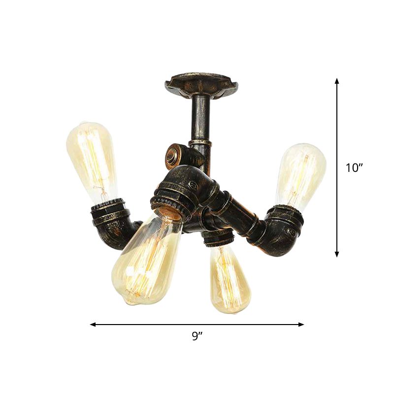 Industrial Bare Bulb Semi Flush Mount 3/4-Light Iron Flush Ceiling Lighting in Bronze