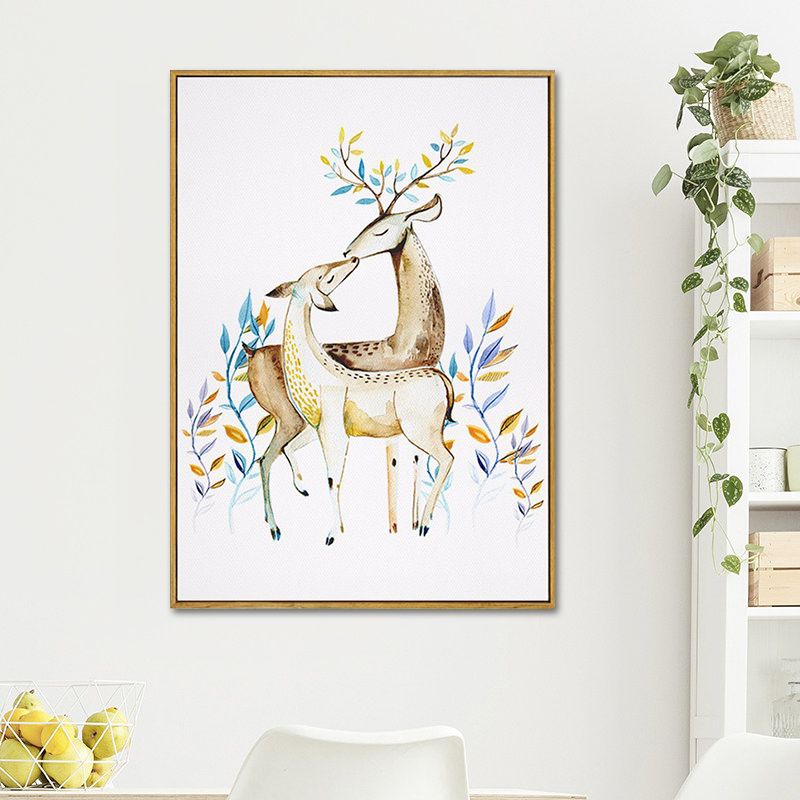 Elk with Flower Antler Art Print Trendy Canvas Wall Decor in Brown for Dorm Room