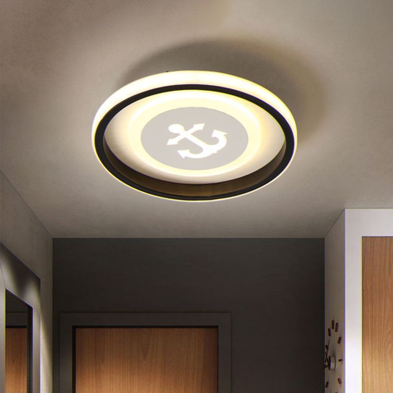 Circular LED Flush Light Fixture Cartoon Acrylic Black Ceiling Mount Lamp with Smile/Anchor/Panda Pattern