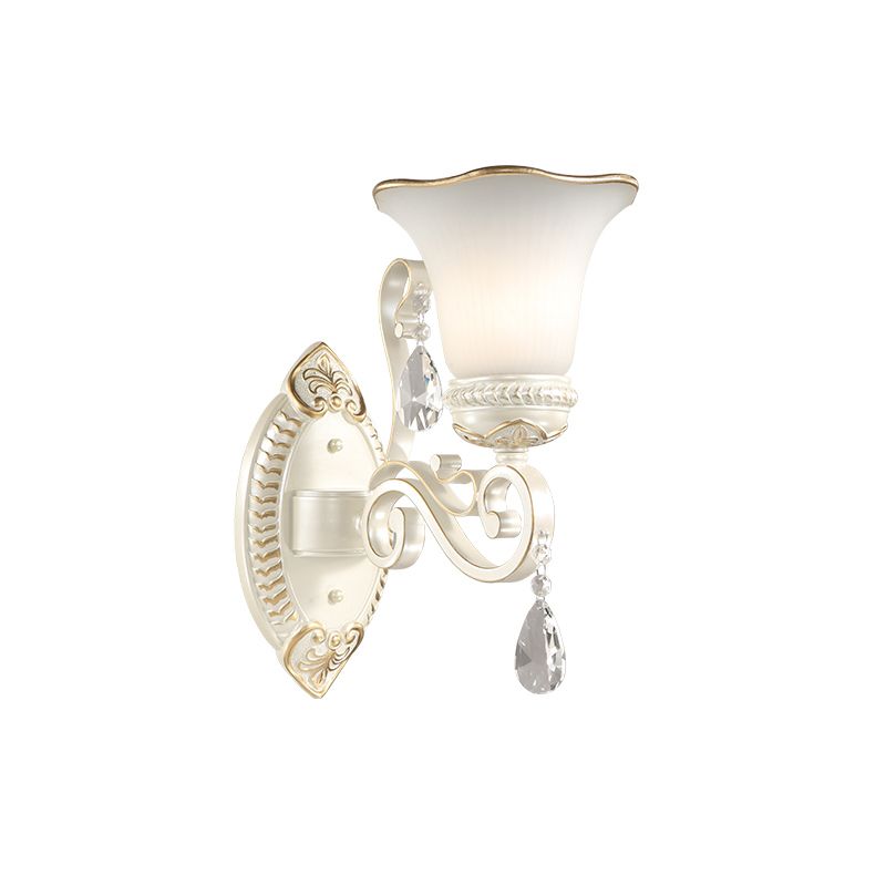1/2-Bulb Frosted Glass Wall Lamp White Floral Shade Living Room Sconce Light with Crystal Accent