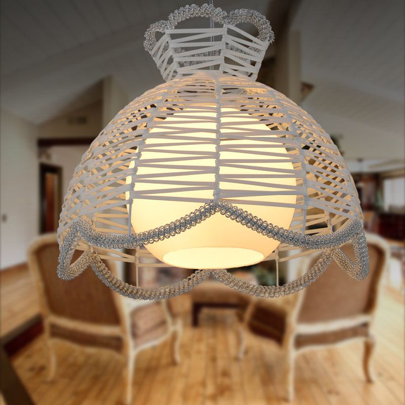 Rattan Scalloped Shade Pendant Lamp Modern Simple 1 Light Hanging Lighting in White
