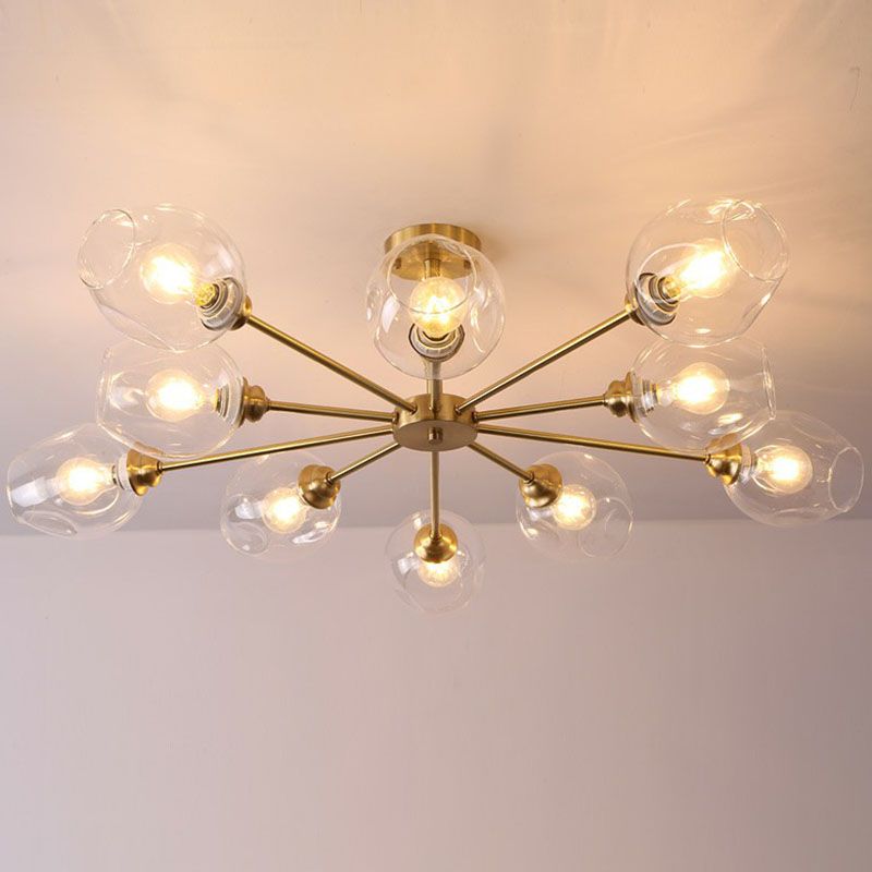 Lustre postmoderne Spoutnik à montage au plafond en forme de coupe en verre pour salon, semi-encastré en laiton