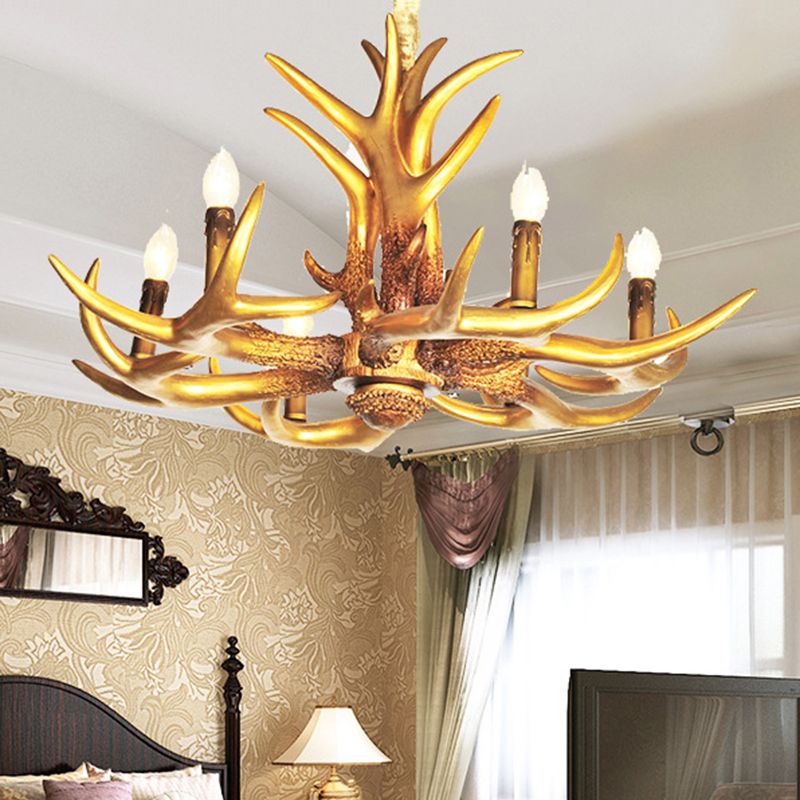 Vela de araña colgante de oro de resina 6 bombillas Luz de colgante tradicional para sala de estar