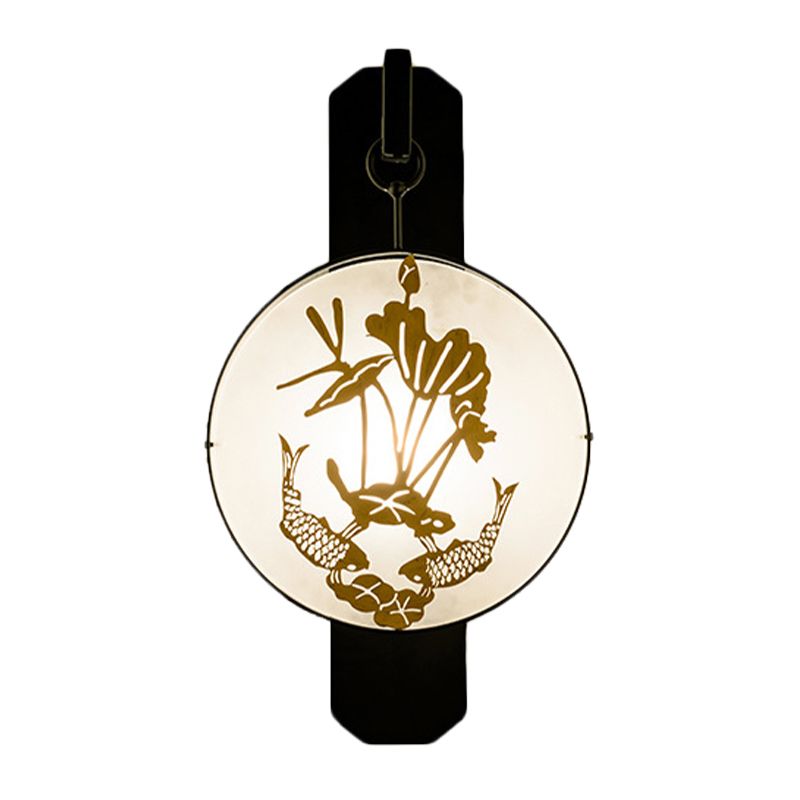 Carpe et lotus feuilles murales applique légère tissu chinois 1-Light Bedroom Wall Lampe en noir-or
