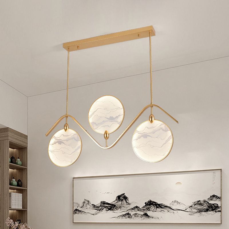 Circular Fan Shaped Island Lamp Modern Acrylic LED Tearoom Suspension Light with Landscape Print