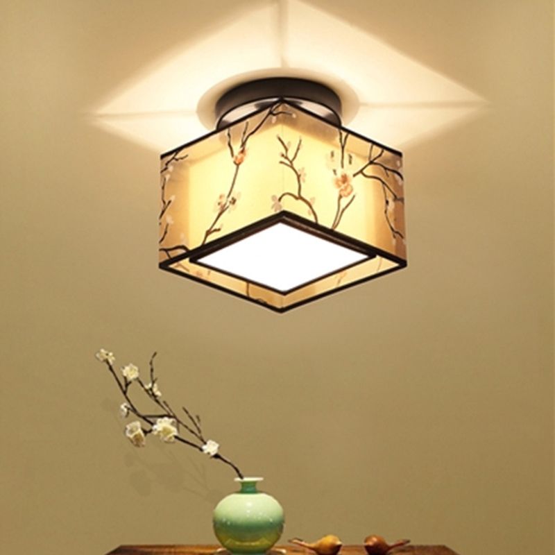 Black 1 Light Ceiling Lighting Chinese Style Fabric Design Semi Flush Mount Lighting for Living Room