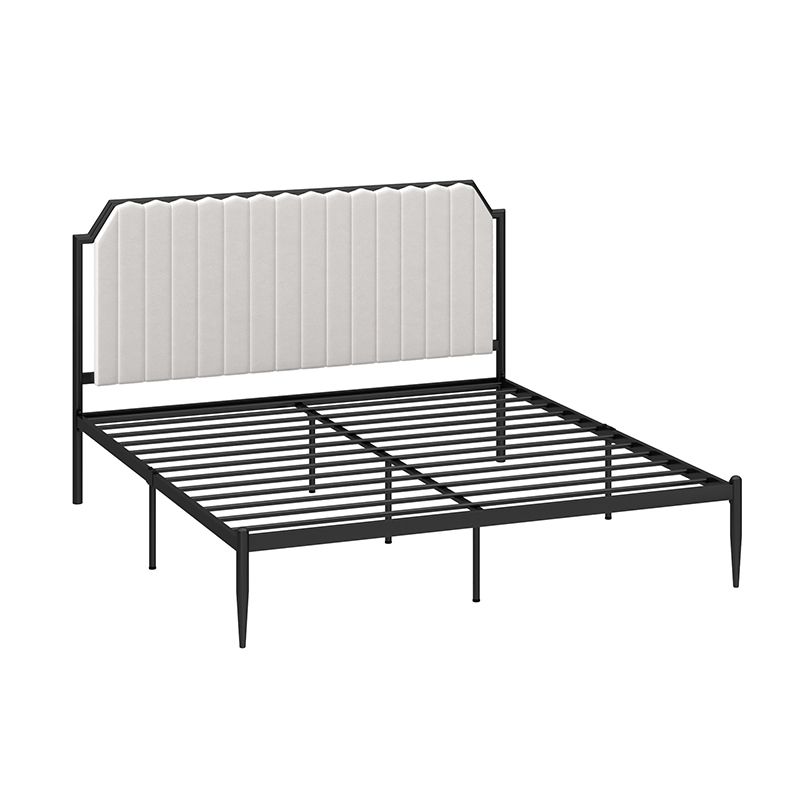 Leather Bed,Queen Metal Frame Panel Bed with Scooped Headboard