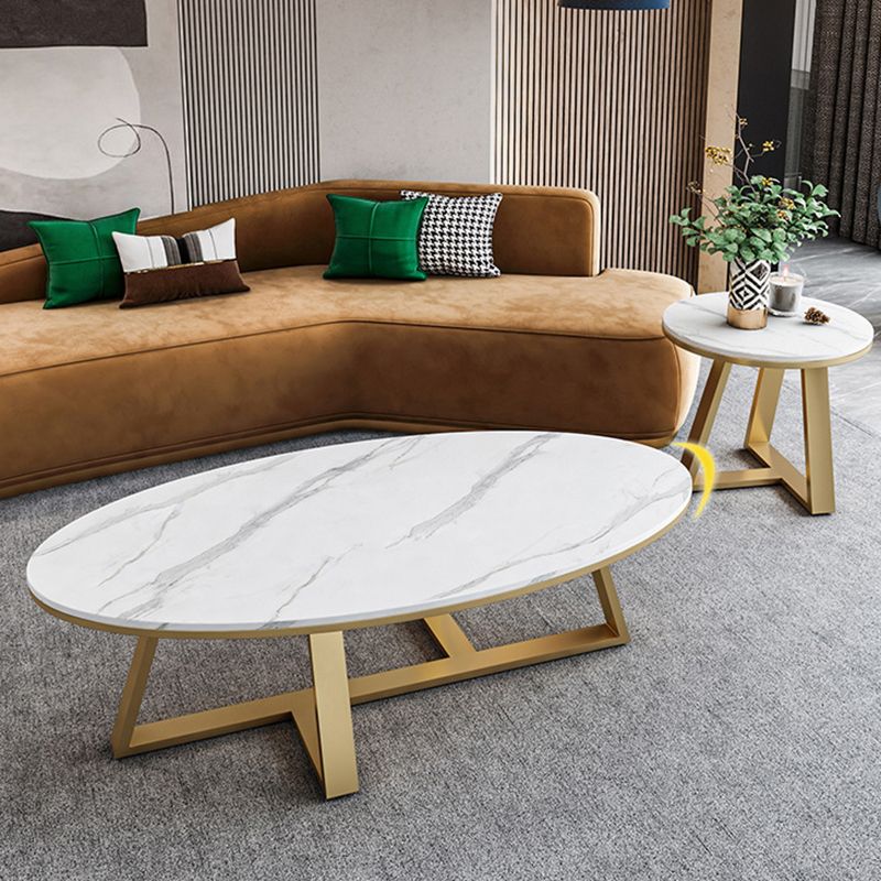 White Oval Stone Top Coffee Table with Iron Cross Base Cocktail Table
