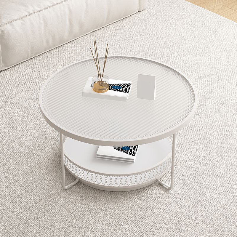 Iron 4 Legs Cocktail Table Round Glass Top Coffee Table with Shelf