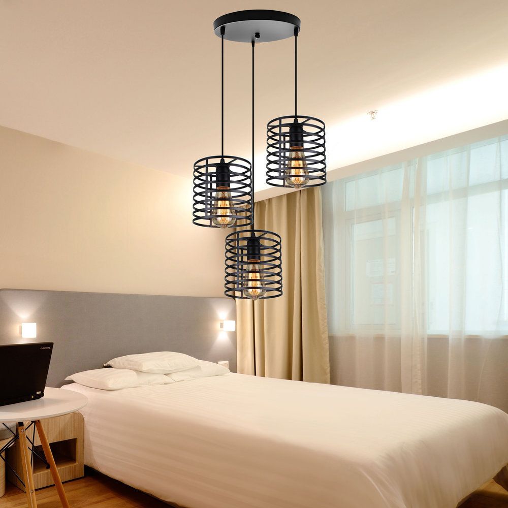 Luz colgante metálica cilíndrica con sombra jaula industrial 3 bombillas Lámpara de comedor en negro