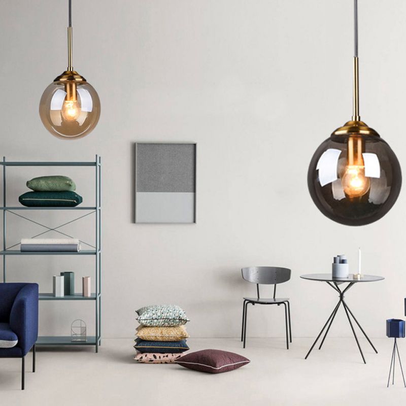 Luces colgantes de sombra esférica de vidrio estilo moderno 1 cabezal colgante de montaje colgante para la cama