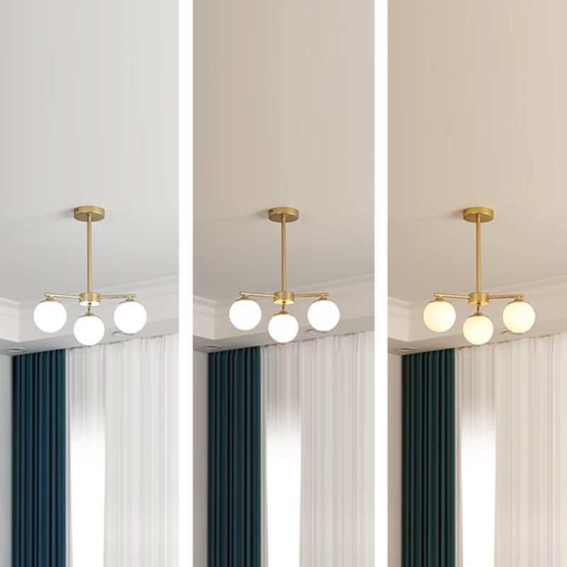 Gold Metal Chandelier Light Fixtures Modern 3-Head Globe Suspension Lamps with White Glass Shade
