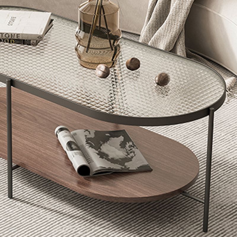 Glass Cross Legs Cocktail Table with Wood Accents Elliptical Coffee Table
