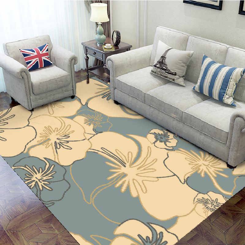 Blue Modern Area Rug Floral Pattern Polyester Area Carpet Easy Care Non-Slip Rug for Living Room